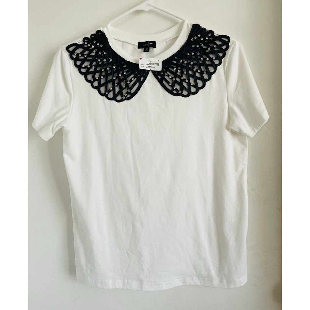 onTwelfth Women's White T-Shirt Black Rhinestone Round Neck Short Sleeve S